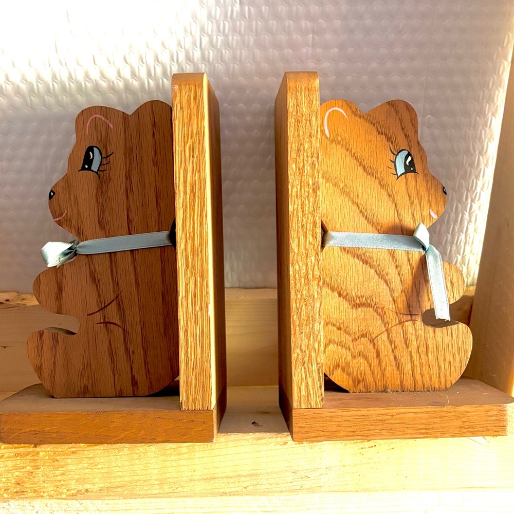 Wooden Bear Bookends with Blue Ribbon